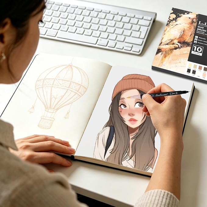 LIULIUCAI 10 Skin Tone Dual Tip Marker Pens, Fine Tip & Brush Tip Marker for Adult Coloring Book No Bleeding, Natural Skin Tone Markers for Realistic Portraits, Character Design, Sketching, Outlining