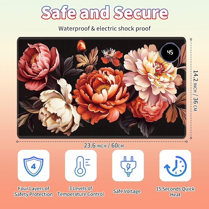 Heated Desk Pad Large Mouse Pad 23.6 x 14.1 inch with 3 Levels Heating & Auto Shut-Off Warm Mouse pad PU Leather Computer Mousepad for Home Office Work - Pink and Red Flower