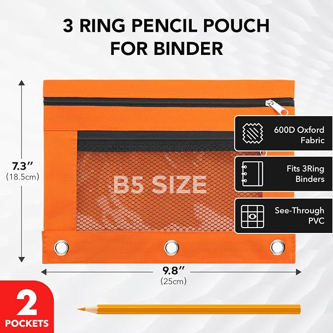 3 Ring Pencil Pouch for Binder, 2-Pocket Zipper Pencil Case with Clear Window & Mesh Pocket, Heavy Duty 600D Oxford Fabric Binder Pouch for School Office Supplies, Fits Standard 3-Ring Binders, Orange