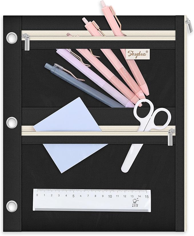 SKYDUE Pencil Pouch for 3 Ring Binder, 3 Compartment Zipper Pencil Case, Large Capacity Pen Organizer with Clear PVC Window for School Supplies, Students, Kids & Teachers