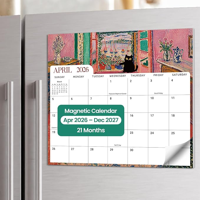 Aesthetic 2026-2027 Magnetic Calendar for Refrigerator, 21-Month Fridge Calendar Magnet from April 2026 to December 2027, Easy Organizing, Black Cats
