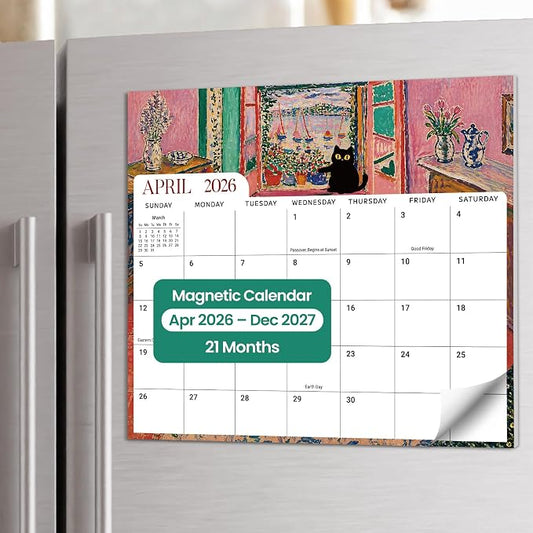 Aesthetic 2026-2027 Magnetic Calendar for Refrigerator, 21-Month Fridge Calendar Magnet from April 2026 to December 2027, Easy Organizing, Black Cats