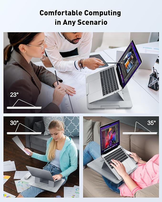 AboveTEK Adjustable Laptop Lap Desk, 3 Ergonomic Angles, PU Leather Non-Slip Surface, Heat Shield, Retractable Mouse Pad, Portable Laptop Lap pad for Bed, Sofa, Travel (Light Gray)