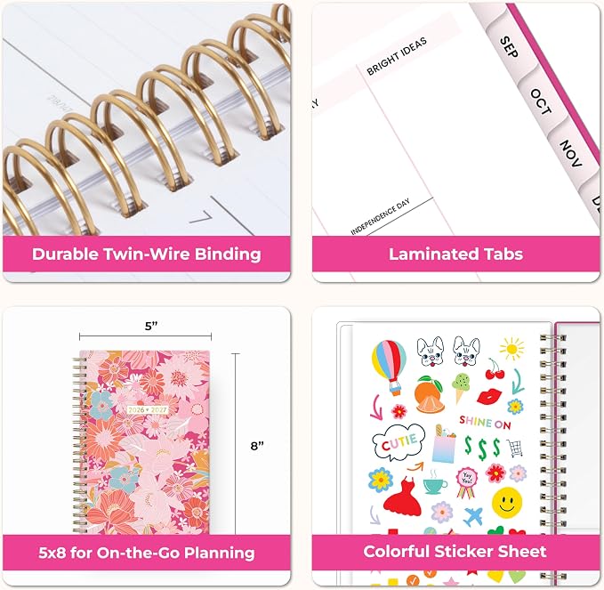 Blue Sky 2026-2027 Weekly & Monthly Academic Planner, 5"x8", Bloom Pink | July 2026 - June 2027, Flexible Cover, Wirebound, Laminated Tabs, Storage Pocket, Stickers, Academic Year, Color Me Courtney