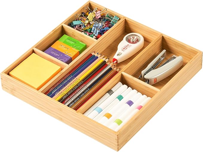 Umilife Bamboo Desk Drawer Organizer, Wood Office Junk Tray, 12"x12" | 1.8" Tall for Shallow Drawer - Adjustable dividers - Anti Slip Silicone Pads - Versatile Storage Box in Kitchen, Pantry