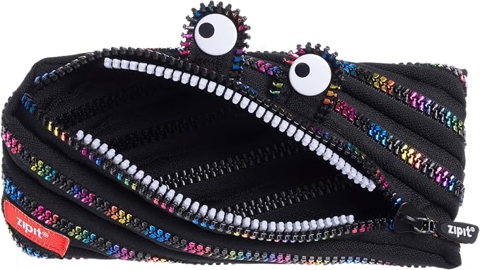 ZIPIT Monster Pencil Case for Kids, Cute Zipper Pouch for Boys Girls and Teens, Stationery Bag for School ,Black & Rainbow
