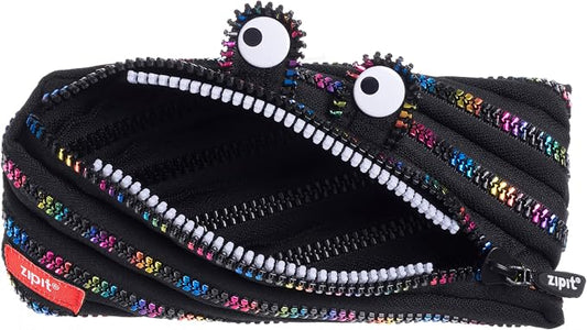 ZIPIT Monster Pencil Case for Kids, Cute Zipper Pouch for Boys Girls and Teens, Stationery Bag for School ,Black & Rainbow