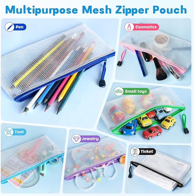 108 Pack Pencil Pouch Bulk, 9.5" x 4.5" Mesh Zipper Pouch, 12 Colors | Small Clear Zipper Pouch Pencil Case for Supplies Storage, Travel, Cash, Cosmetics, Office with Translucent Waterproof PVC