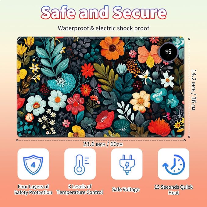 Heated Desk Pad Large Mouse Pad 23.6 x 14.1 inch with 3 Levels Heating & Auto Shut-Off Warm Mouse pad PU Leather Computer Mousepad for Home Office Work - Colorful Flowers and Leaf