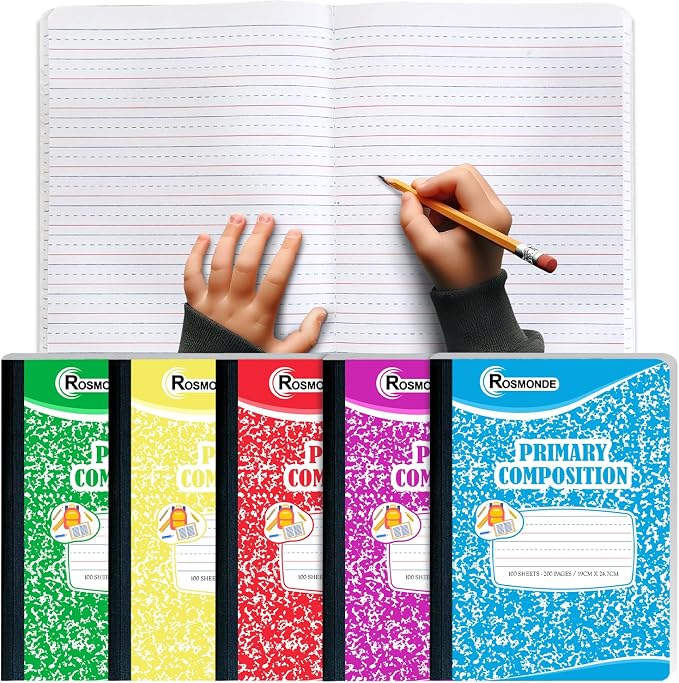 Rosmonde Primary Composition Notebooks, 5 Pack, Writing Dotted Lined | Composition Notebooks Primary Ruled, 200 Pages (100 Sheets), Grades K-2 Writing Workbook, 9-3/4" x 7-1/2", Assorted Marble
