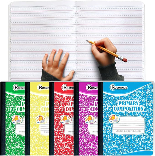 Rosmonde Primary Composition Notebooks, 5 Pack, Writing Dotted Lined | Composition Notebooks Primary Ruled, 200 Pages (100 Sheets), Grades K-2 Writing Workbook, 9-3/4" x 7-1/2", Assorted Marble