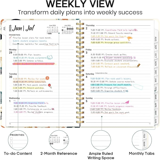 Academic Planner 2026-2027, Weekly and Monthly Calendar Book, July 2026 – June 2027, Hardcover Planner with Tabs, Perfect for Teachers, Students, Women & Men, A4 (8.5" x 11") - Mushrooms Grovel