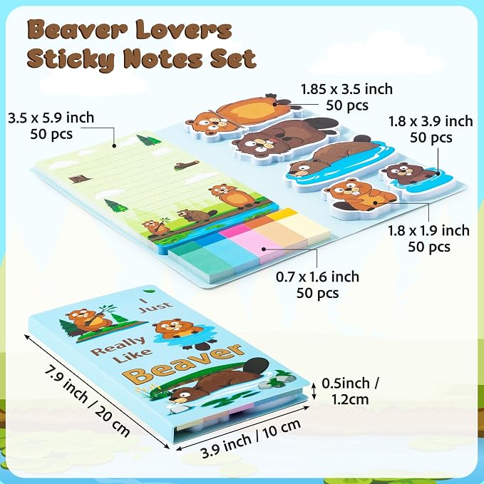 B1ykin Sticky Notes Set - 550 Sheets Memo Writing Pad Beaver Design | Self-Stick Notes Pages, Teacher Appreciation Gift, School Office Supplies, I Just Really Like Beaver Design