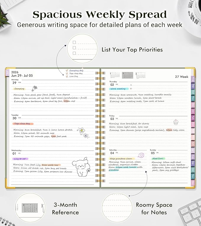 Academic Planner 2026-2027, 18 Months Weekly and Monthly Hardcover Planner, July 2026 - December 2027, 8.5" x 11" A4 Large Daily Calendar Planner Book with Tabs, Spiral College School Agenda Organizer for Student Teacher, Green