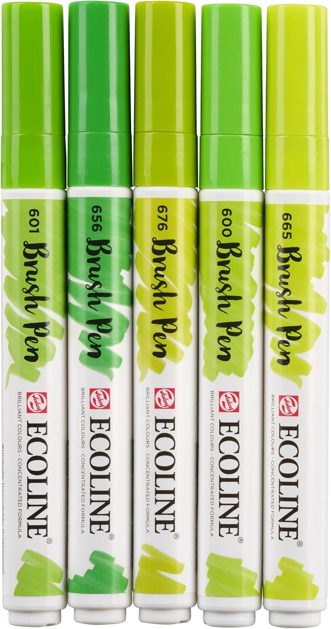 Ecoline Brush Pen Set of 5 Liquid Watercolor Pens – Green Shades | Blendable Brush Markers for Hand Lettering, Drawing, & Crafts