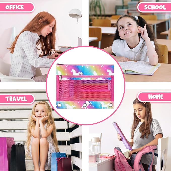 WAWSAM Unicorn Pencil Pouch for 3 Ring Binder, Zipper Pencil Pouch for Girl | 2 Pocket Clear Window Pencil Case, 3 Ring Pencil Pouch for School Supplies, Pencil Bags for Office College