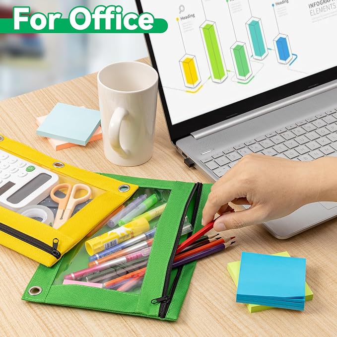V-Opitos Pencil Pouch for 3 Ring Binder, Bulk 6 Pack 3-Holes Zipper Pencil Pouches in Assorted Colors, Sturdy and Durable Cloth Pencil Case with Clear Window for Office School College Supplies