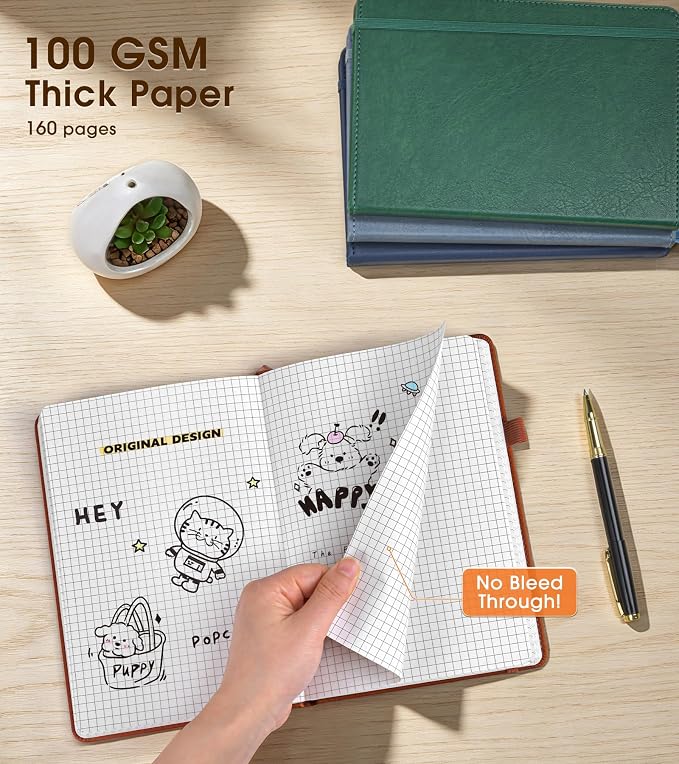 A5 Leather Hardcover Graph Paper Notebook, 160 Pages (5 Squares/Inch), 180° Lay-Flat Binding, 100 GSM Thick Paper, for Math, Engineering, Students & Technical Work (Brown)