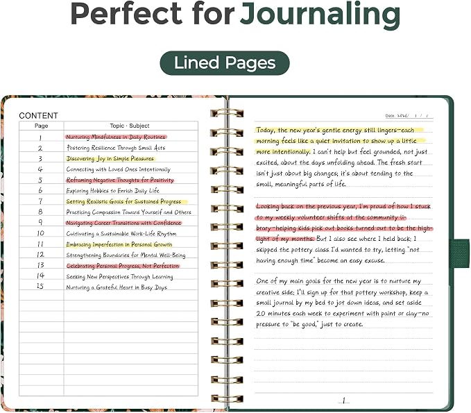 AHGXG Spiral Journal Notebook, 160 Lined Pages, A5 Medium Size (5.7'' x 8.3''), for Women, Journaling, Writing, Work & Office, Hardcover, 100 GSM Thick Paper (Emerald Bloom)