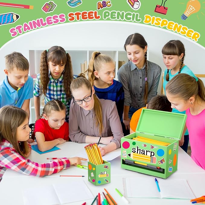 Mifoci 8 Pcs Wooden Pencil Dispenser Kit for Classroom Wooden Pen Holder Straw Dispenser Sharp and Dull Letter Stickers for Teachers Classroom Supplies Storage (Green)