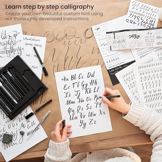 ARTEZA Hand Lettering Pens Set of 12 – Calligraphy and Brush Pens with Guidebook, Pencil, Eraser for Beginners Learning Hand Lettering and Decorative Writing