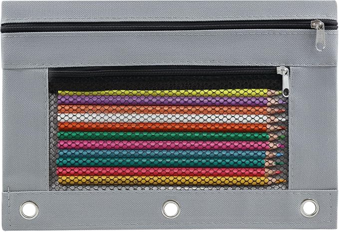 Pencil Pouch for 3 Ring Binder, Pencil Case Bag with Zipper, 600D Fabric Pencil Pouch Holder Accessories, Clear Window Pencil Case Aesthetic Back to School Organizer Pockets for Boy Girl (Grey)