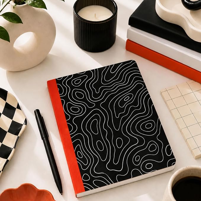 Pearhead Topographic Map Composition Notebook — College-Ruled, 160 Pages, 7.5" x 9.75", Smooth 80 GSM Paper, Black & White Contour Line Cover with Bold Red Spine Journal for School, Office & Everyday Writing