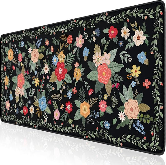 iCasso Floral Desk Mat for Keyboard and Mouse,Cute Gaming Mouse Pad XXL,Anti-Slip Desk Matt for Desktop,Soft Lycra Surface Computer Mat Women,Girly Big Mousepad for Home Office (Black Floral)