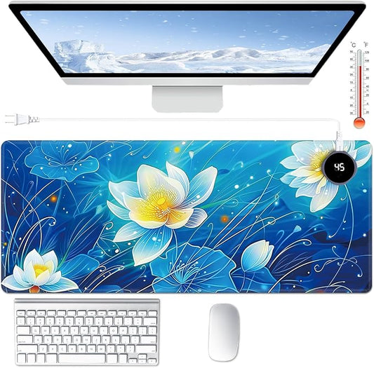 Heated Desk Pad Large Mouse Pad 31.5 x 13 inch with 3 Levels Heating & Auto Shut-Off Warm Mouse pad PU Leather Computer Mousepad for Home Office Work - Blue Lotus Flowers