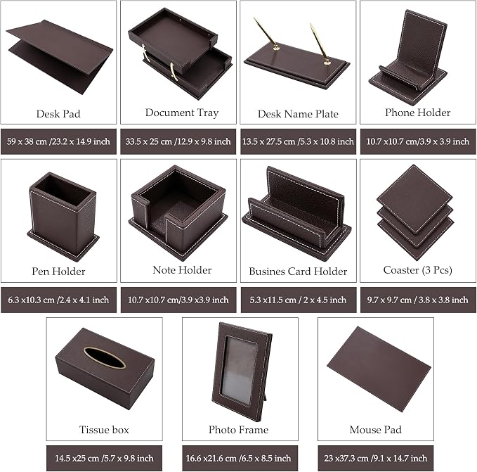 Leather Desk Set, 13-Piece All-in-One – Executive Desk Accessories & Office Supplies,Desk Organizer with Desk Pad & Blotter, 2-Tier Letter Tray, Luxury Office Desk Decor & Boss Gifts (Brown)