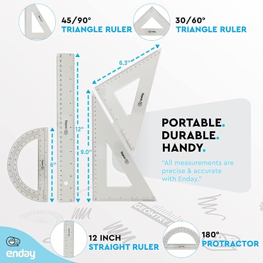 Geometry Plastic Ruler Set, Clear 12 inch/ 30 cm Straight Ruler, Triangle Rulers, Protractor Ruler Tool Set, Transparent School and Office Supplies Math Rulers for Kids and Adults, Set of 4 – By Enday