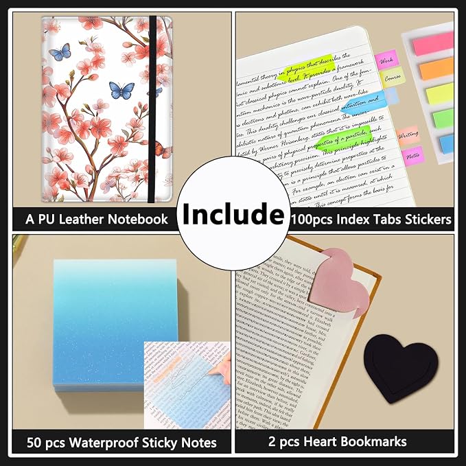 A5 Leather Lined Journal Notebook, 200 Pages Hardcover Executive Notebook for Office School Note Taking, Thick Writing Paper Daily Journal with Bookmarks/Indexes, Cherry Blossoms and Butterflies