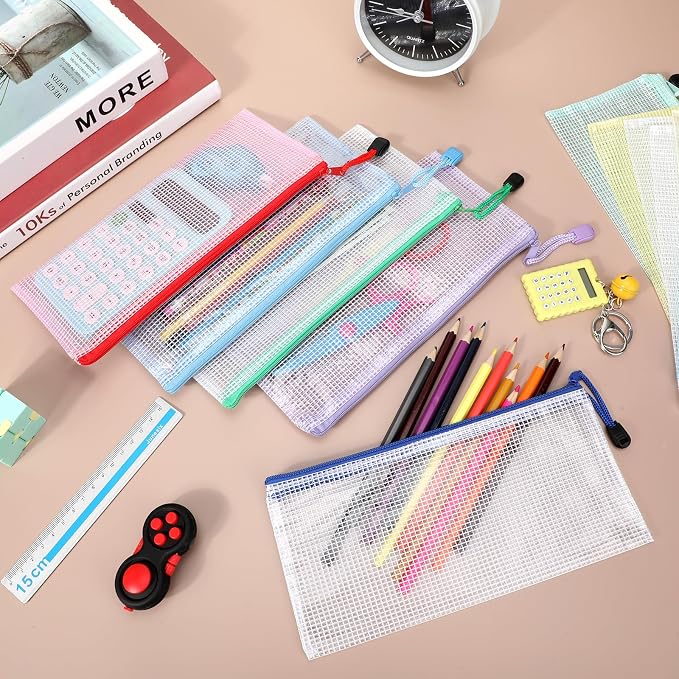 Zhehao 200 Pieces A6 Mesh Zipper Pouch Bulk Mesh Bags with Zipper Waterproof Small Pencil Pouches for Office Supplies Organization 9.4 x 4.5 Inches(Multiple Colors)