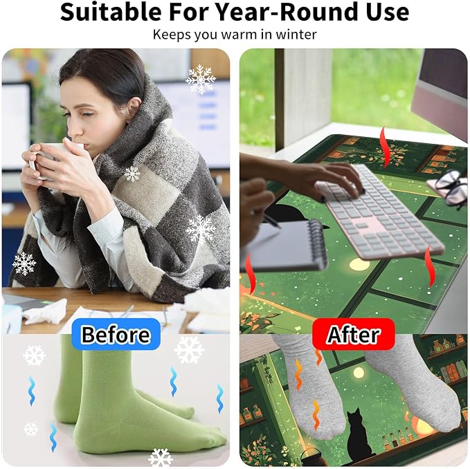 Warm Desk Pad,Heated Desk Pad,Office Mat,3 Heating Levels & 3 Hours Auto Shut-Off,31.5"*13" Gaming Mouse Laptop Keyboard Leather Desk Mat,Cat Green Window