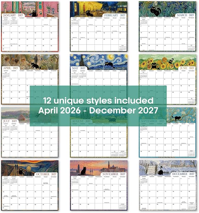 Aesthetic 2026-2027 Magnetic Calendar for Refrigerator, 21-Month Fridge Calendar Magnet from April 2026 to December 2027, Easy Organizing, Black Cats