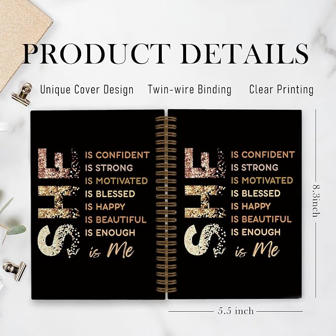 Gold She Is Me Affirmations Spiral Notebook, Inspirational Self Care Journal Notebook, Self Love Notebooks for School Work, Positive Office Supplies Gifts for Women Girls Friends, 5.5x8.3 Inch