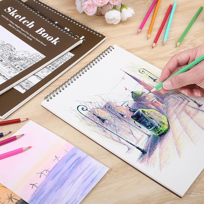 4 Pack Sketch Book, 9 x 12 Inch Sketchbook, 68lb/100gsm Top Spiral Bound Sketch Pad, Acid Free Art Supplies Drawing Painting Sketching Paper for Kids, Beginners, Artists (Tan)