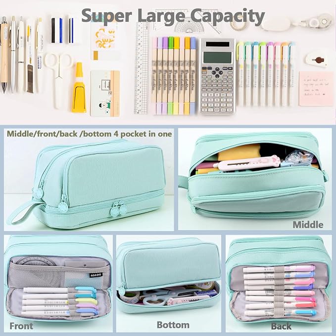 Large Capacity Pencil Case 4 Compartments, Pencil Pouch Bag with Zipper Portable Handle, Pen Case Bag Stationery Organizer for Office College School Adults Teen Girls Boys Men Women, Light Green