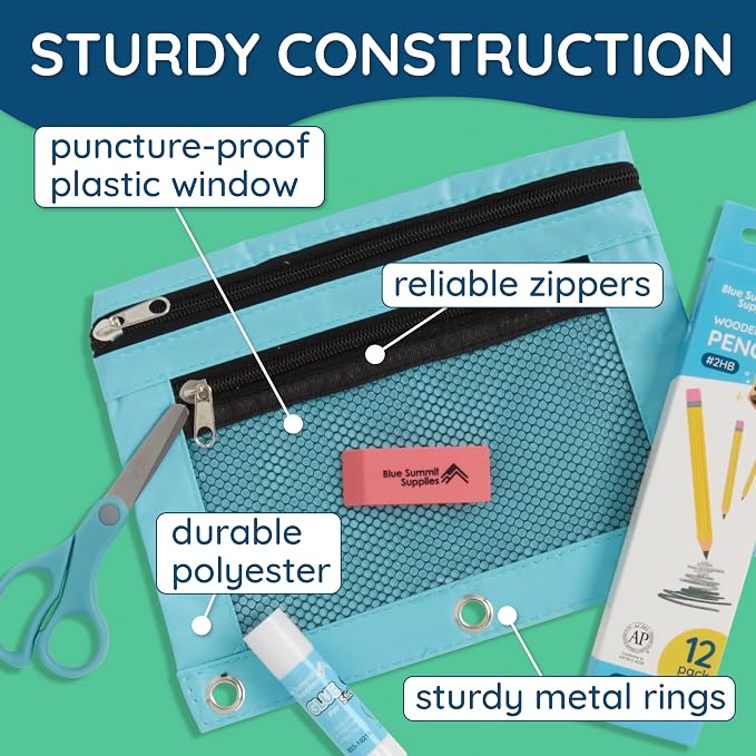 Blue Summit Supplies Pencil Pouches, Bulk Pencil Pouch 30 Pack in Assorted Colors for Storing School Supplies, Writing Utensils, and More, Cloth Zipper Pouches for 3 Ring Binders, 30 Count