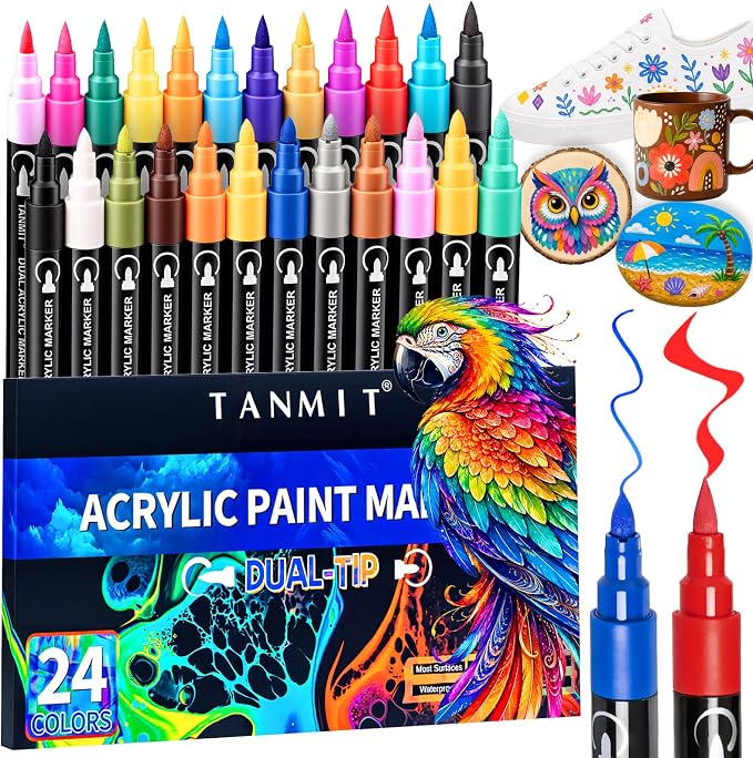TANMIT 24 Colors Dual Tip Acrylic Paint Markers, Paint Pens Set with Brush Tip and Fine Tip For Fabric, Rock, Wood, Glass, Eggs, Scrapbook, DIY Crafts Making Art Supplies - Teacher Appreciation Gift