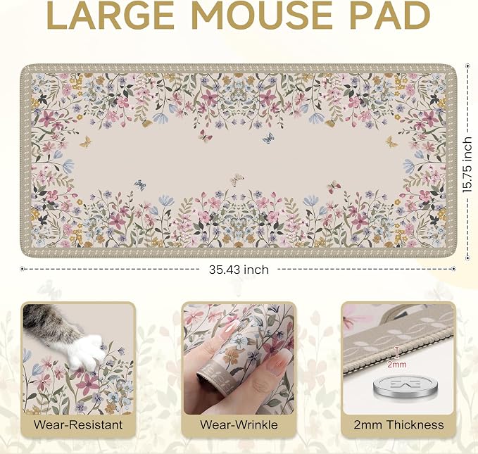 iCasso Floral Desk Mat for Keyboard and Mouse,Cute Gaming Mouse Pad XXL,Anti-Slip Desk Matt for Desktop,Soft Lycra Surface Computer Mat Women,Girly Big Mousepad for Home Office (Beige)