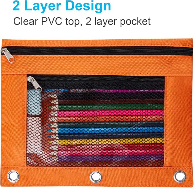 Sooez Pencil Pouch for 3 Ring Binder, 2 Pack Fabric Binder Pouch with 2 Pockets, Pencil Bags with Zipper and Reinforced Grommets, Pencil Cases for Binder