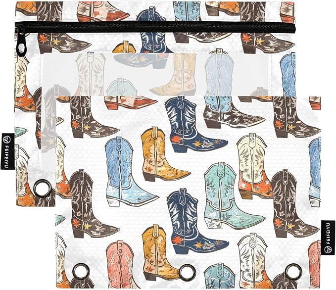 Western Cowboy Boots Pencil Pouch for 3 Ring Binder 2 Pack Zipper Binder Pencil Bag with Clear Window Pencil Case for Office Supplies