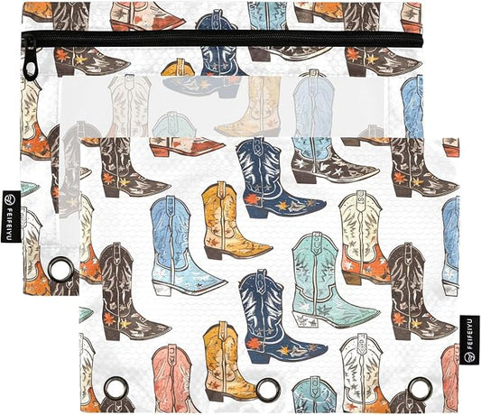 Western Cowboy Boots Pencil Pouch for 3 Ring Binder 2 Pack Zipper Binder Pencil Bag with Clear Window Pencil Case for Office Supplies
