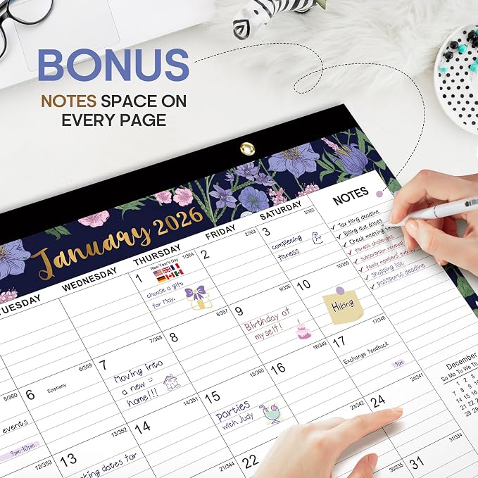 Desk Calendar 2026-2027, 18-Month Calendar, Large 17" x 12" Monthly Desktop & Wall Calendar for Home & Office - Midnight Garden