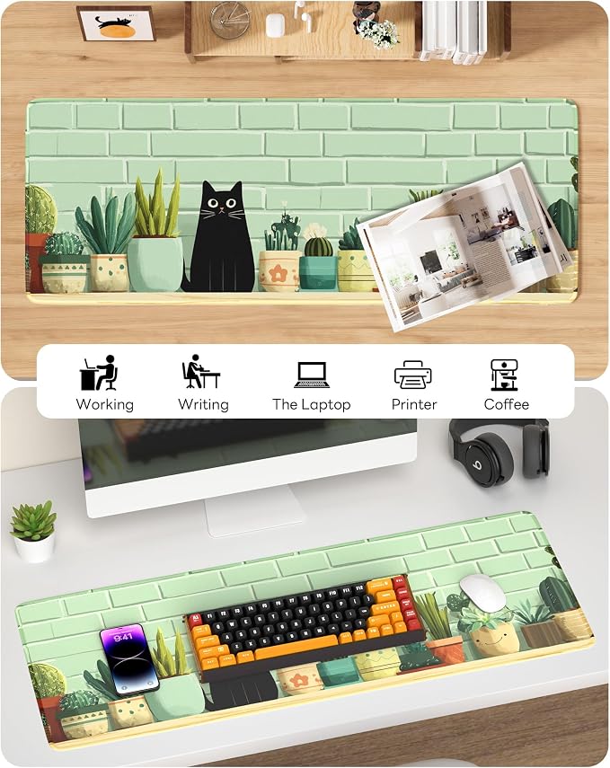 Black Cat Mouse Pad, 31.5 x 11.8 Large Desk Mat with Stitched Edges & Non-Slip Base, Mousepad for Office, Home, Work