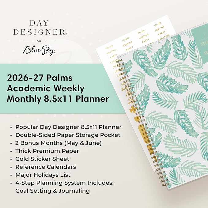 Blue Sky 2026-2027 Weekly & Monthly Academic Planner, 8.5"x11", Palms | July 2026 - June 2027, Flexible Cover, Laminated Tabs, Storage Pocket, Stickers, Academic Year, Day Designer