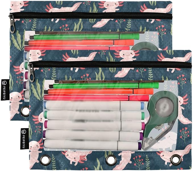Emelivor Cute Salamander Pencil Pouch for 3 Ring Binder 2 Pack Binder Pencil Case with Clear Window Pencils Bags with Zipper for Office Daily College Home Supplies