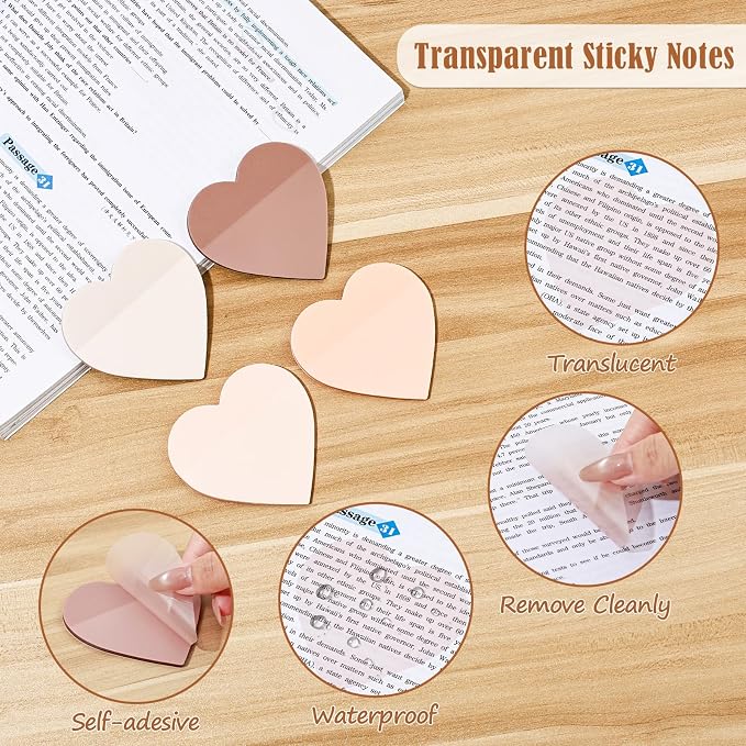 BAYTORY 500 Sheets Heart Shape Transparent Sticky Notes, 2.8 x 2.5 Inch | Colored Self-Stick Notes, Waterproof See Through Memo Pads, for Office & School Study Supplies