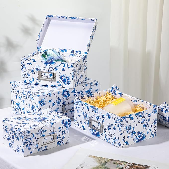 Briful Blue and White Porcelain Storage Boxes with Lids, Set of 4 – Chinoiserie Nested Card Photo Storage Box Organizer, Decorative Paperboard Box for Closet, Office, Gifts,Cosmetic,Books